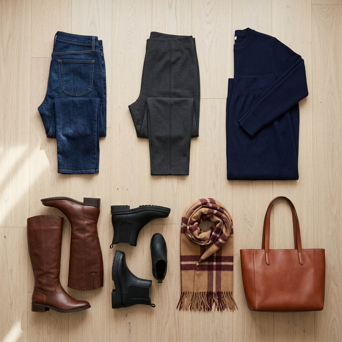 Dark jeans, charcoal ponte pants and a navy knit dress laid out above brown knee-high boots, black lug-sole ankle boots, a plaid scarf and a cognac tote.