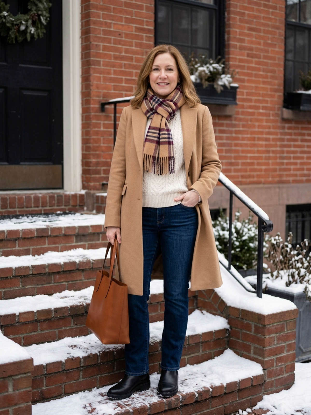 Woman on snowy townhouse steps in a camel coat over a cream cable sweater with dark jeans, lug-sole ankle boots and a plaid scarf.