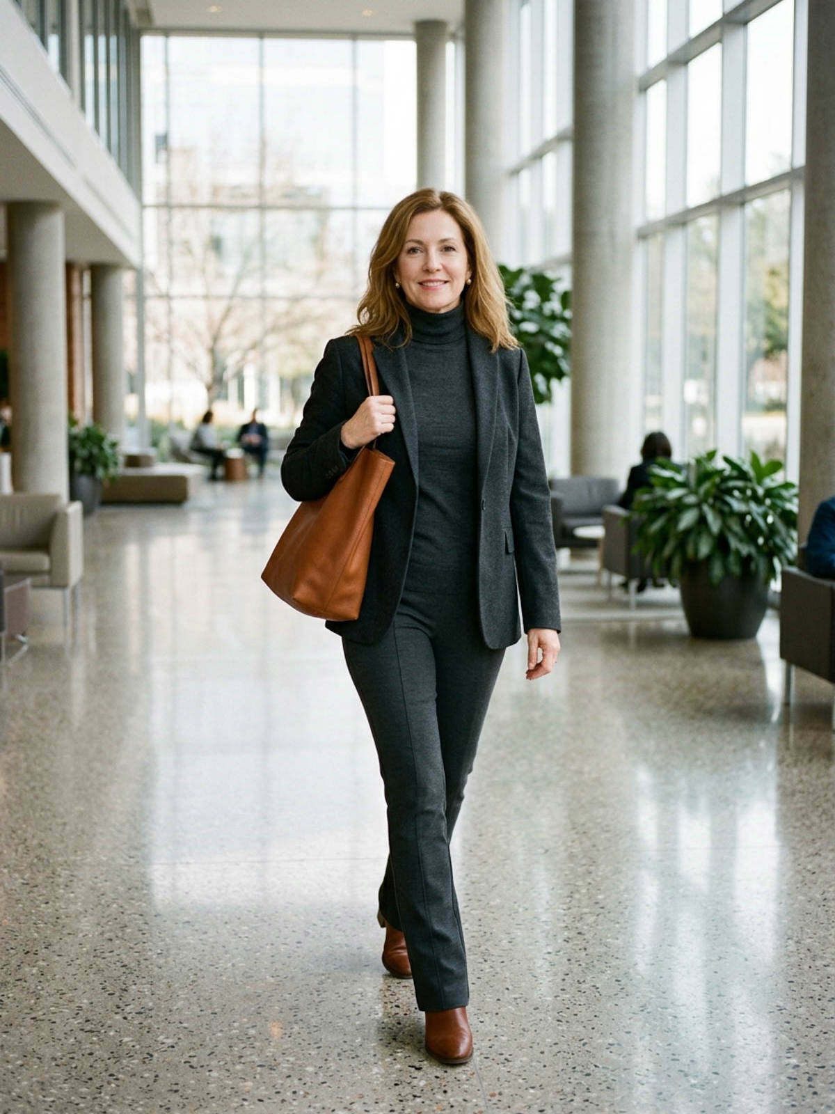Woman in a tonal charcoal turtleneck, wool blazer and ponte pants walking through a bright office lobby with a cognac tote.