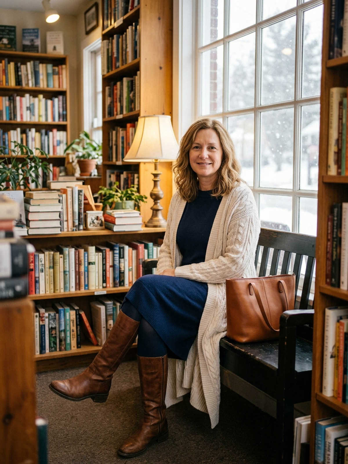 Woman seated in a bookstore wearing a navy knit dress, navy tights, brown knee-high boots and a long cream cardigan.
