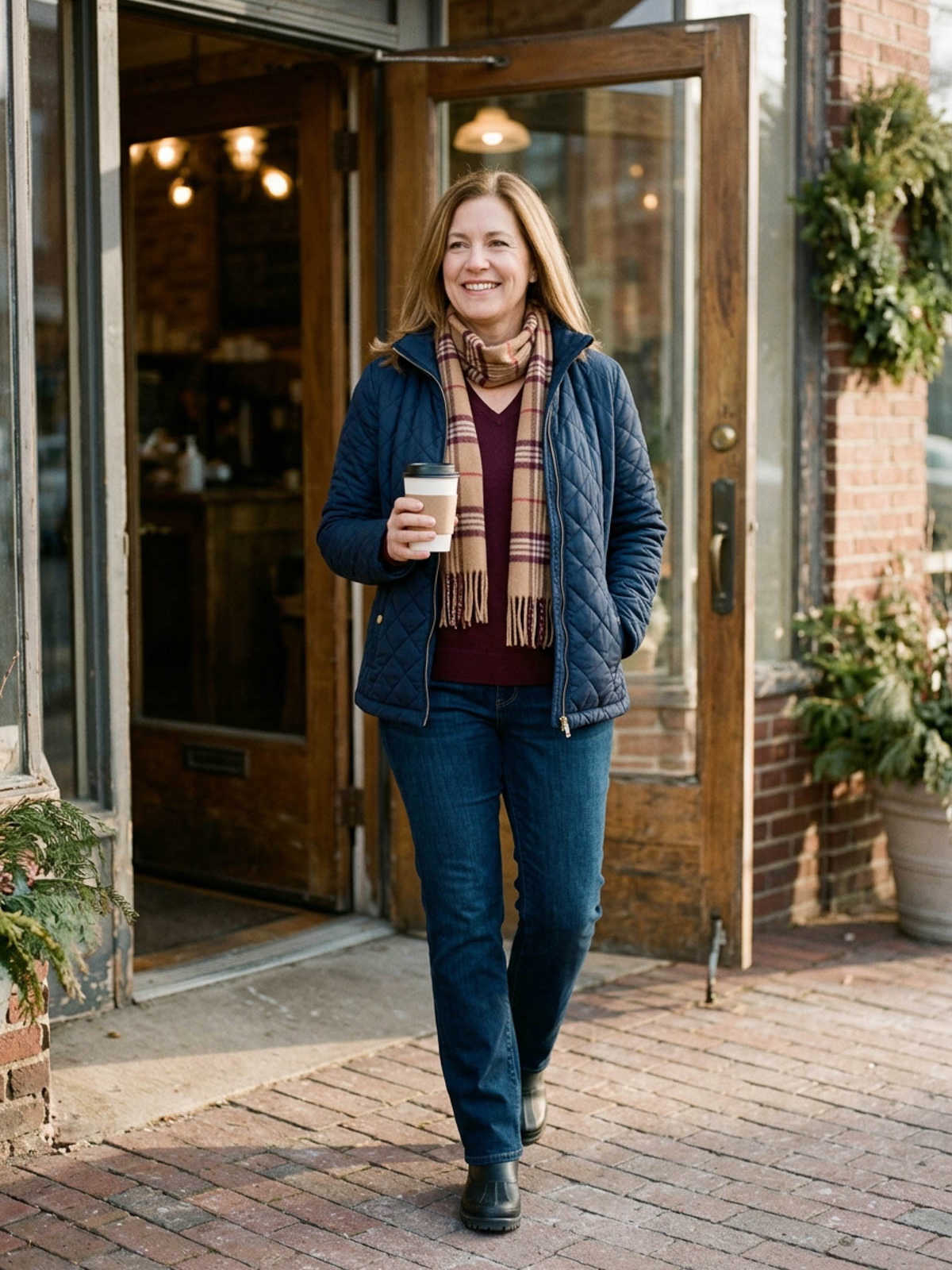 Woman leaving a coffee shop in a navy quilted jacket over a burgundy V-neck sweater with dark jeans and lug-sole ankle boots.