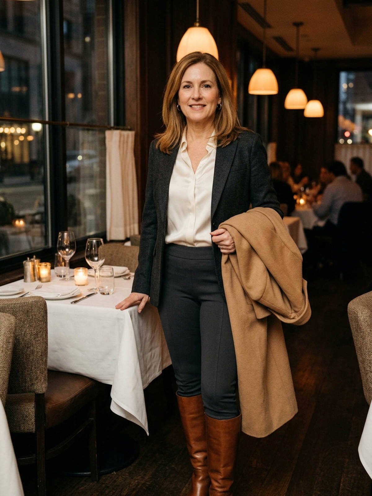 Woman beside a restaurant table in an ivory silk blouse, charcoal blazer and ponte pants with a camel coat over her arm.