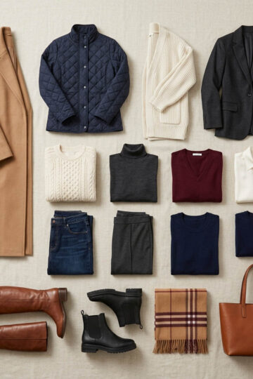 Flat lay of 15 winter clothing pieces in camel, cream, charcoal, navy and burgundy, including a camel coat, knitwear, jeans, two pairs of boots, a plaid scarf and a cognac tote.